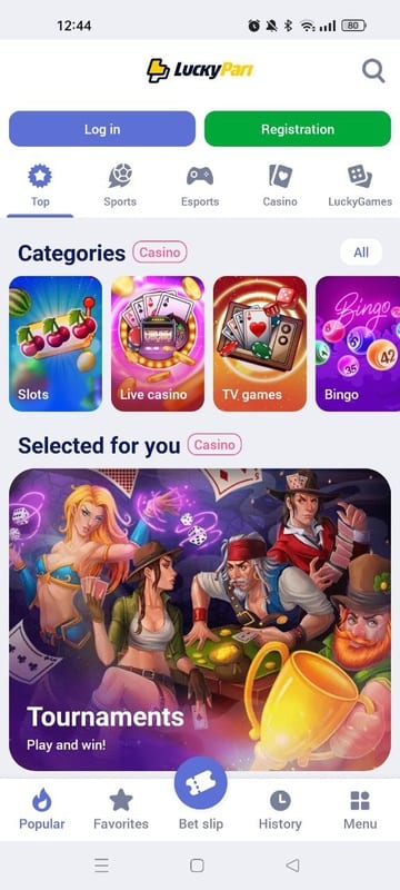 LuckyPari mobile home screen with logo, login, casino categories and tournaments